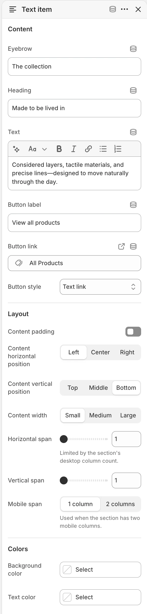 Text item block settings in the Theme Editor: Eyebrow, Heading, Text, Button label, Button link, Button style, Content padding, Content horizontal position.