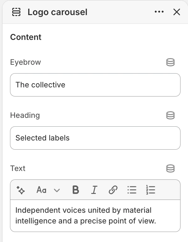 Logo carousel Content settings in the Theme Editor: Eyebrow, Heading, Text.