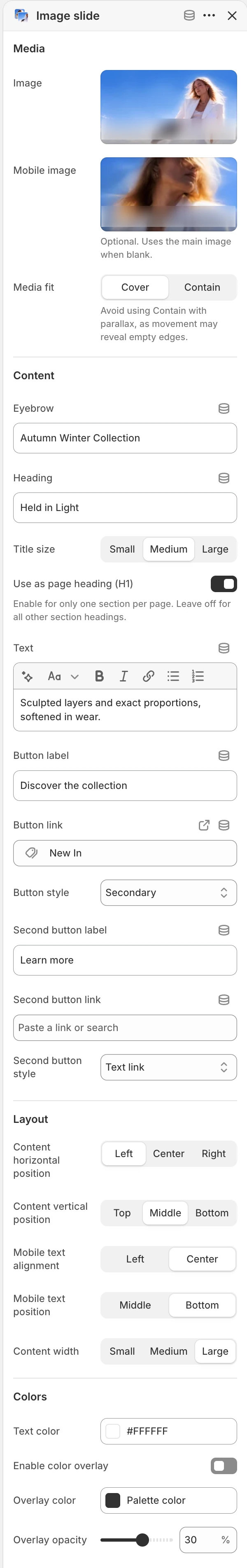 Image slide block settings in the Theme Editor: Image, Mobile image, Media fit, Eyebrow, Heading, Title size, Use as page heading (H1), Text.