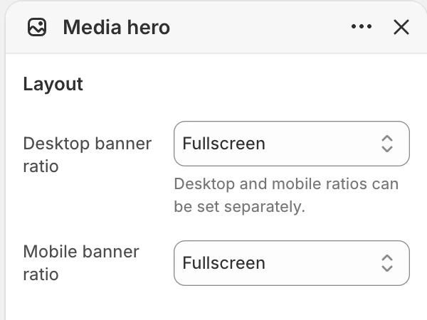 Media hero Layout settings in the Theme Editor: Desktop banner ratio, Mobile banner ratio.