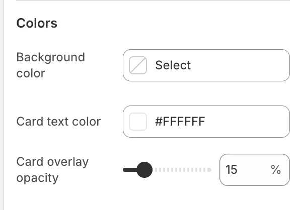 Parallax waterfall Colors settings in the Theme Editor: Background color, Card text color, Card overlay opacity.