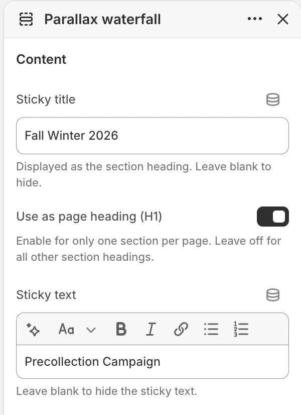 Parallax waterfall Content settings in the Theme Editor: Sticky title, Use as page heading (H1), Sticky text.