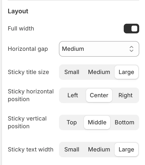 Parallax waterfall Layout settings in the Theme Editor: Full width, Horizontal gap, Desktop sticky image width, Mobile sticky image width, Sticky title size, Sticky horizontal position, Sticky vertical position, Sticky text width.