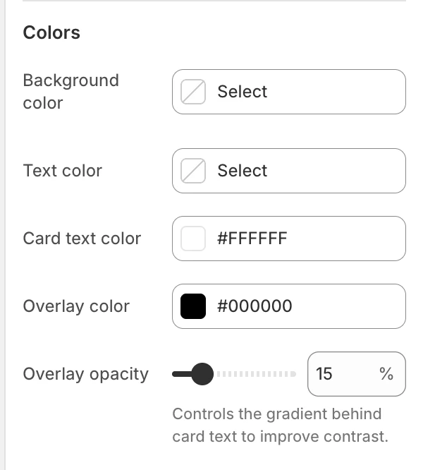 Auto-scroll gallery Colors settings in the Theme Editor: Background color, Text color, Card text color, Overlay color, Overlay opacity.