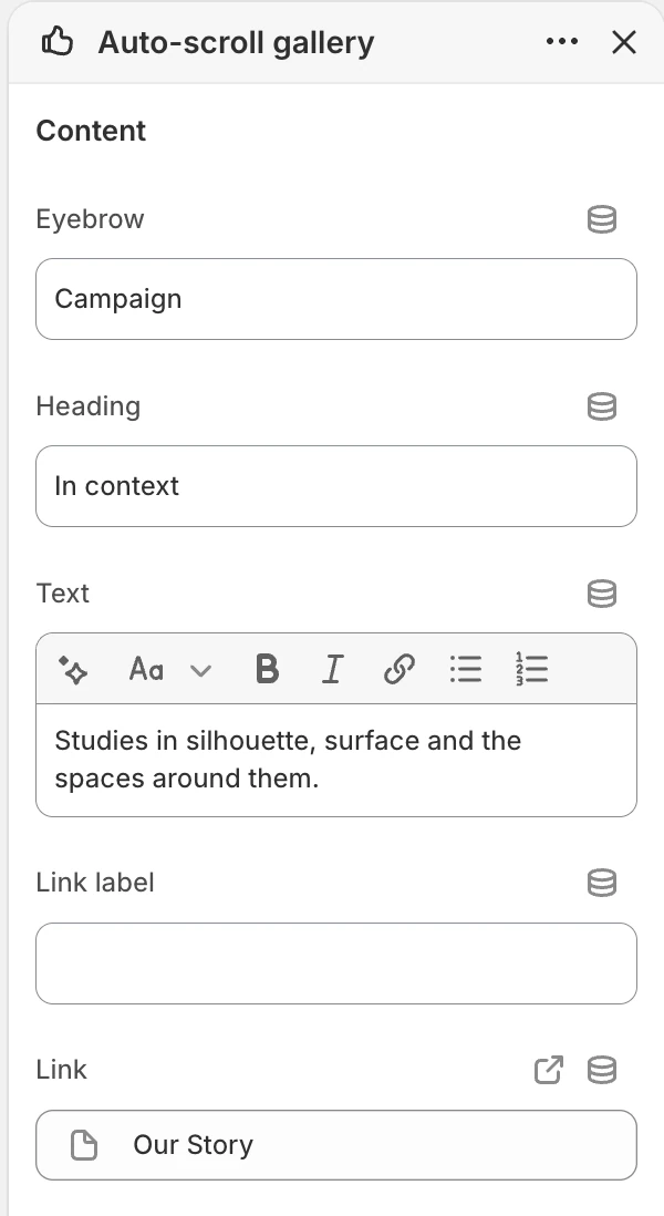 Auto-scroll gallery Content settings in the Theme Editor: Eyebrow, Heading, Text, Link label, Link.
