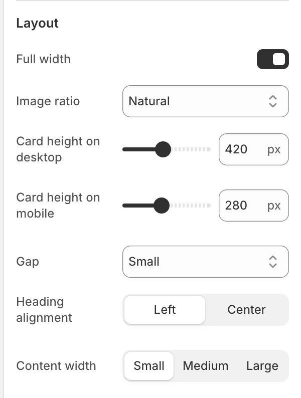 Auto-scroll gallery Layout settings in the Theme Editor: Full width, Image ratio, Card height on desktop, Card height on mobile, Gap, Heading alignment, Content width.