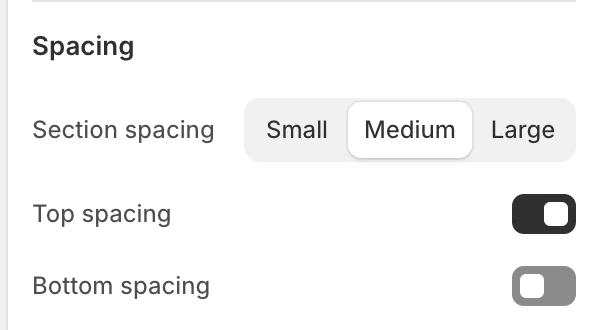 Auto-scroll gallery Spacing settings in the Theme Editor: Section spacing, Top spacing, Bottom spacing.