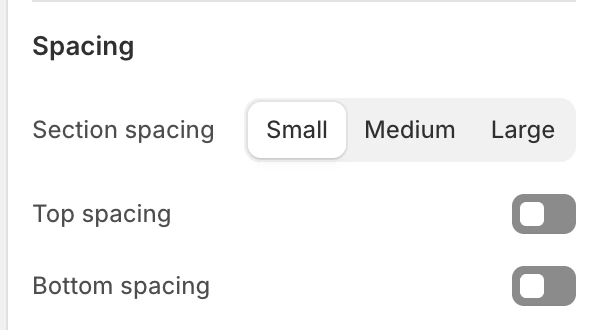 Split media banners Spacing settings in the Theme Editor: Section spacing, Top spacing, Bottom spacing.