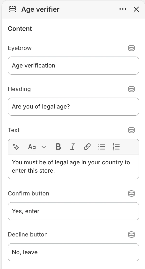 Age verifier Content settings in the Theme Editor: Eyebrow, Heading, Text, Confirm button, Decline button.