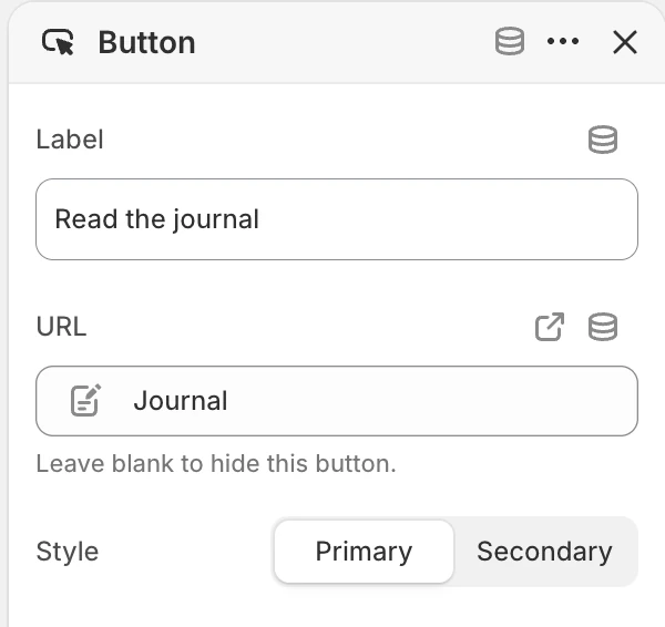 Button block settings in the Theme Editor: Label, URL, Style.