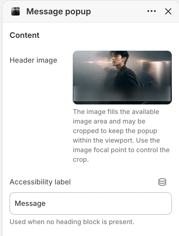 Message popup Content settings in the Theme Editor: Header image, Accessibility label.