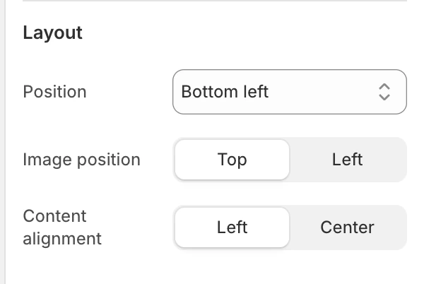 Message popup Layout settings in the Theme Editor: Position, Image position, Content alignment.