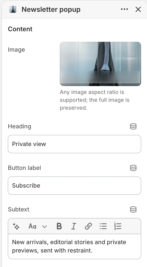 Newsletter popup Content settings in the Theme Editor: Image, Heading, Button label, Subtext.