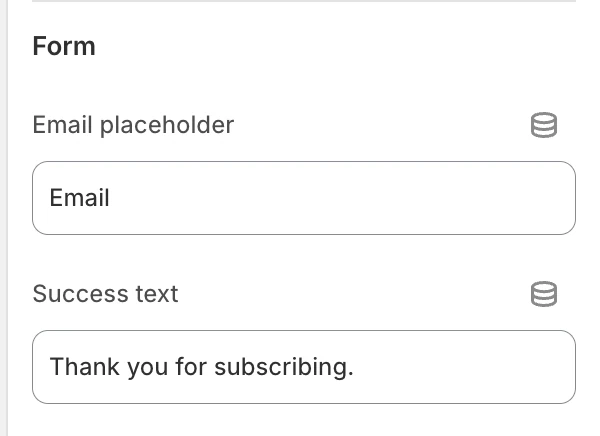 Newsletter popup Form settings in the Theme Editor: Email placeholder, Success text.