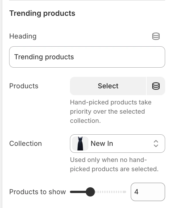 Search drawer Trending products settings in the Theme Editor: Heading, Products, Collection, Products to show.