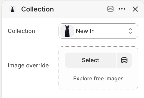 Collection block settings in the Theme Editor: Collection, Image override.