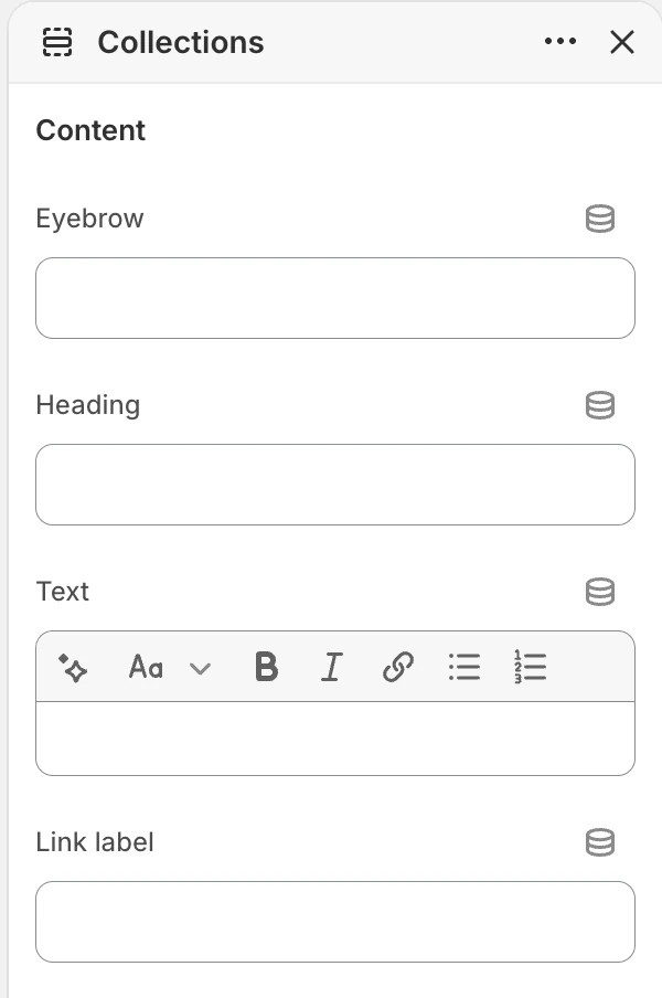 Collections Content settings in the Theme Editor: Eyebrow, Heading, Text, Link label.