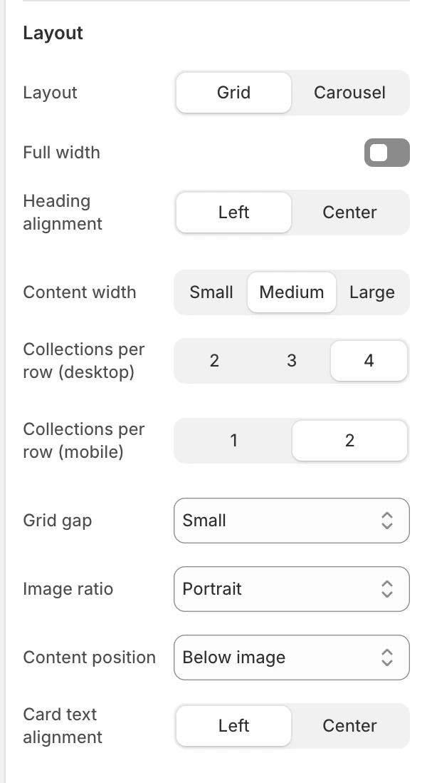 Collections Layout settings in the Theme Editor: Layout, Full width, Heading alignment, Content width, Collections per row (desktop), Collections per row (mobile), Grid gap, Image ratio.