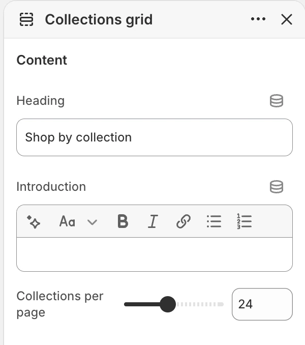 Collections grid Content settings in the Theme Editor: Heading, Introduction, Collections per page.