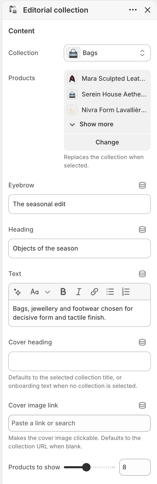 Editorial collection Content settings in the Theme Editor: Collection, Products, Eyebrow, Heading, Text, Cover heading, Cover image link, Products to show.