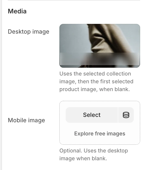 Editorial collection Media settings in the Theme Editor: Desktop image, Mobile image.