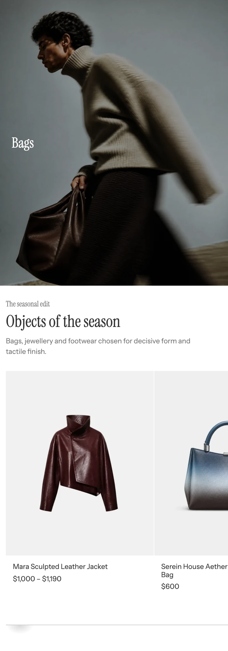 Editorial collection on mobile with the campaign image above the heading and a swipeable row of product cards.