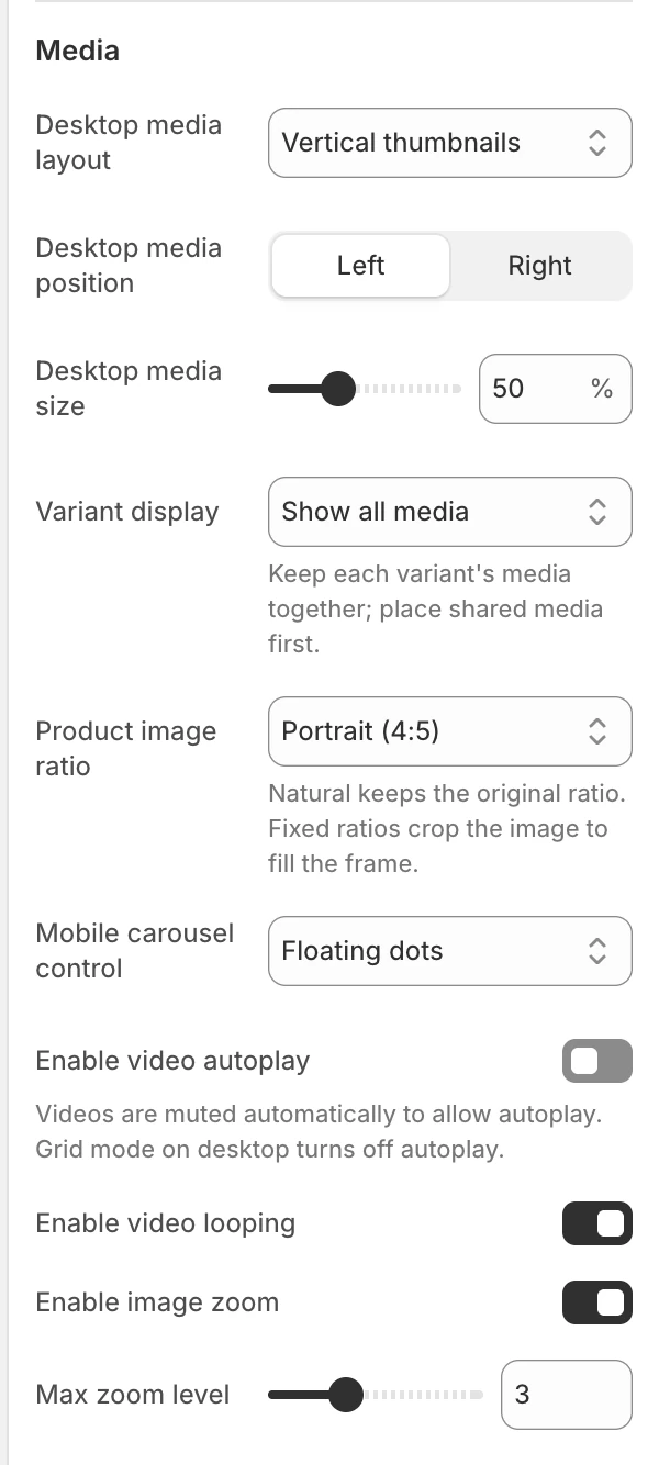 Featured product Media settings in the Theme Editor: Desktop media layout, Desktop media position, Desktop media size, Variant display, Gallery gap, Product image ratio, Mobile carousel control, Enable video autoplay.