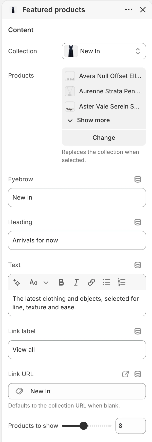 Featured products Content settings in the Theme Editor: Collection, Products, Eyebrow, Heading, Text, Link label, Link URL, Products to show.