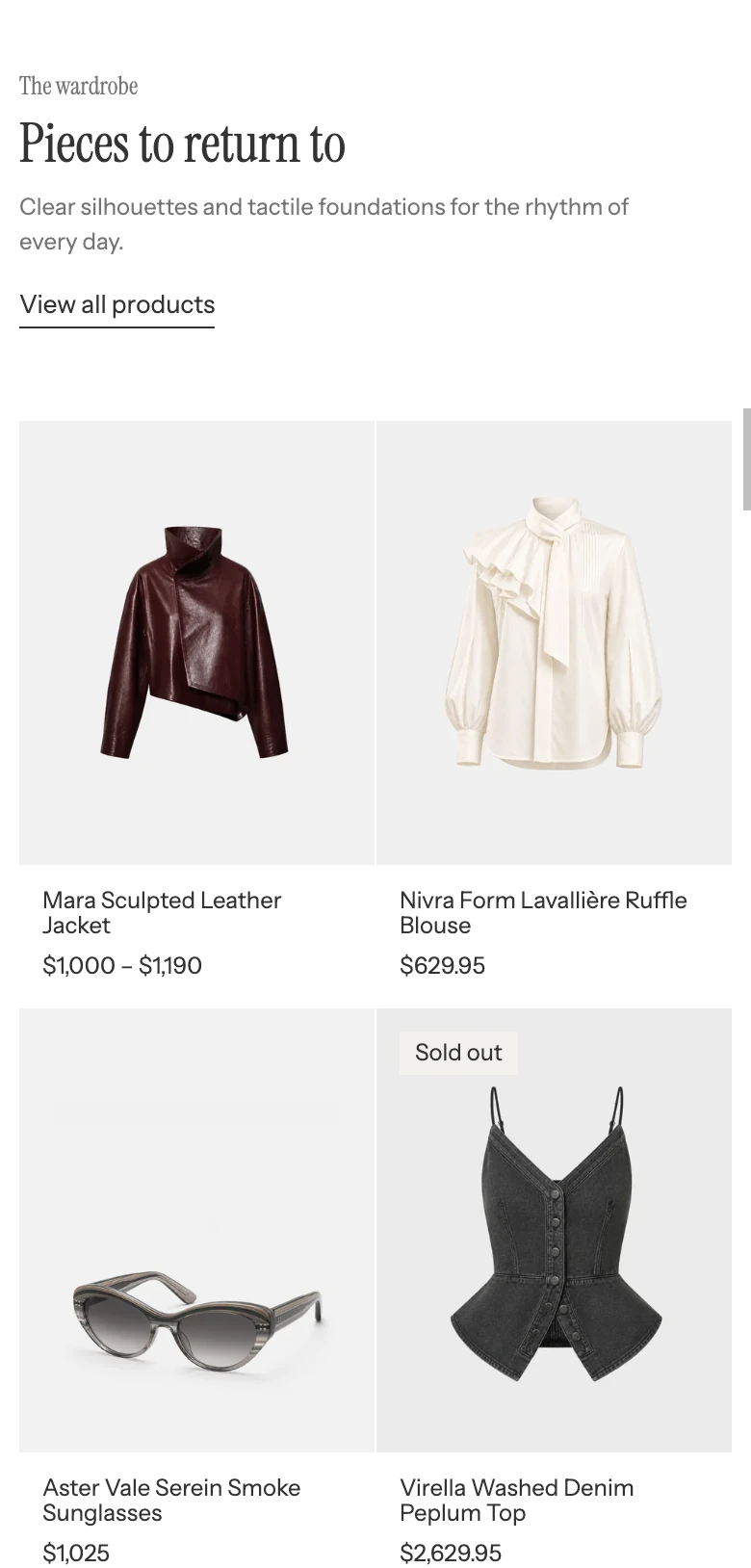 Featured products in Stack layout on mobile, with product cards in a two-column grid.