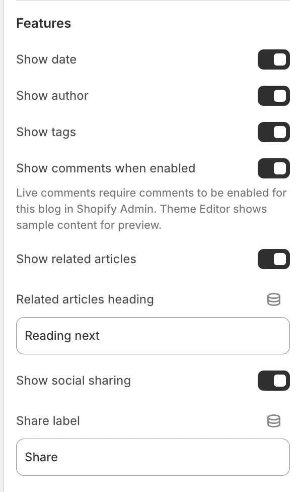 Article Features settings in the Theme Editor: Show date, Show author, Show tags, Show comments when enabled, Show related articles, Related articles heading, Show social sharing.