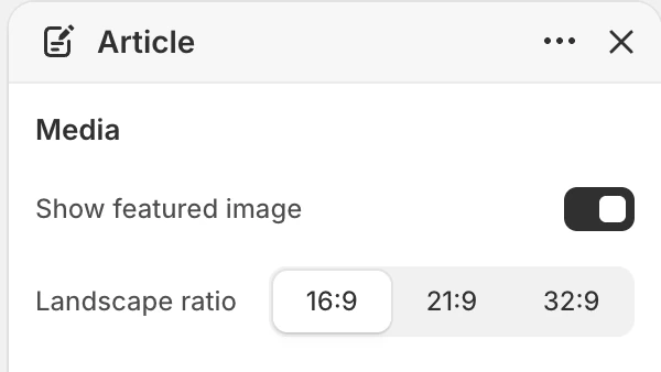 Article Media settings in the Theme Editor: Show featured image, Landscape ratio.