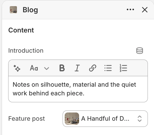 Blog Content settings in the Theme Editor: Introduction, Feature post.