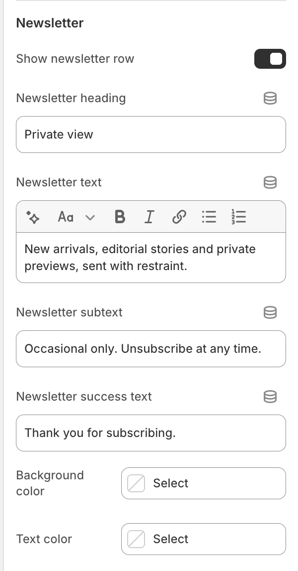 Blog Newsletter settings in the Theme Editor: Show newsletter row, Newsletter heading, Newsletter text, Newsletter subtext, Newsletter success text, Background color, Text color.