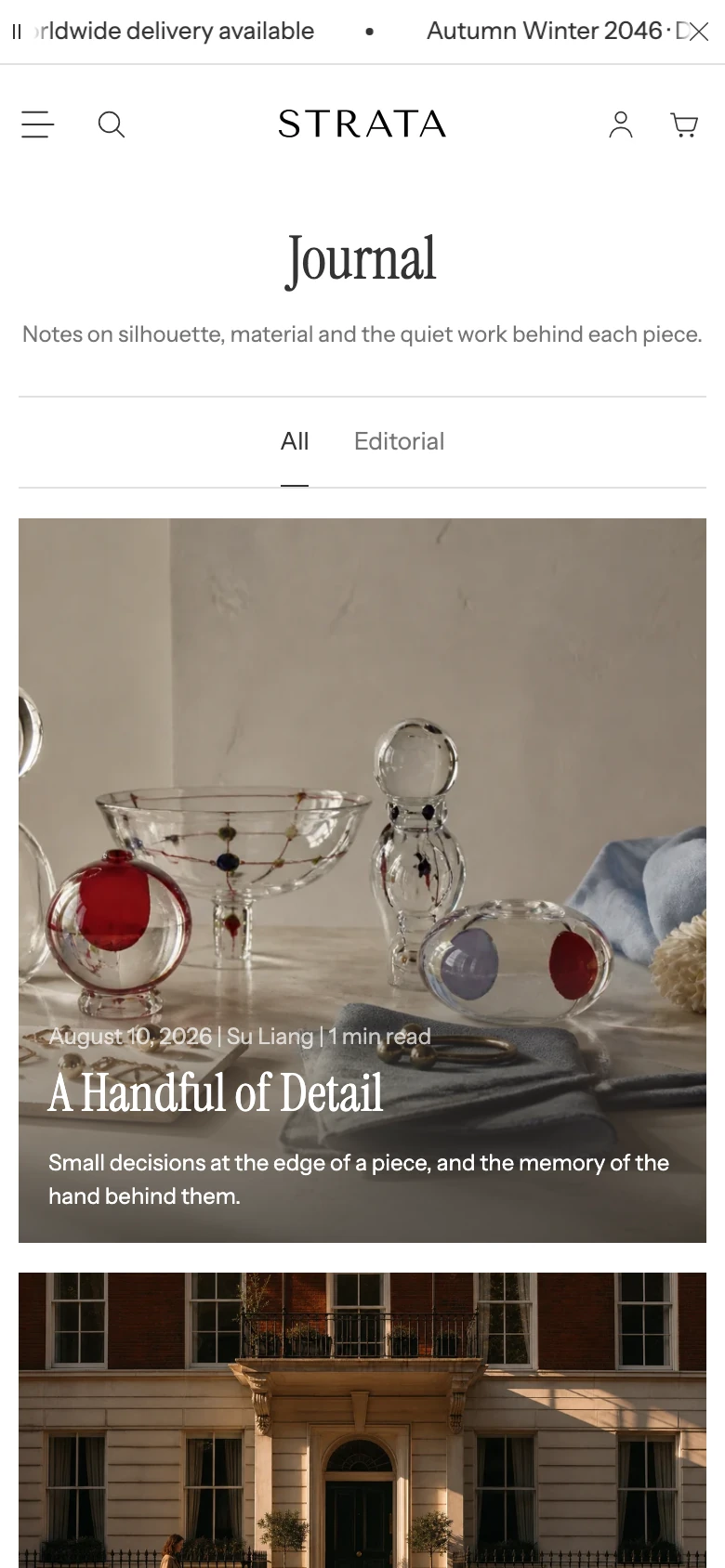 The blog page on mobile with the title, tag filter, and article cards in one column.