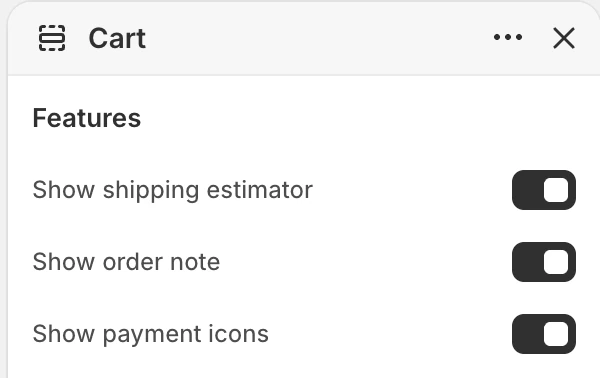 Cart Features settings in the Theme Editor: Show shipping estimator, Show order note, Show payment icons.