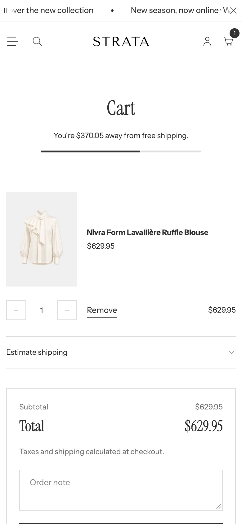 The cart page on mobile with the product, quantity controls, and summary stacked in one column.