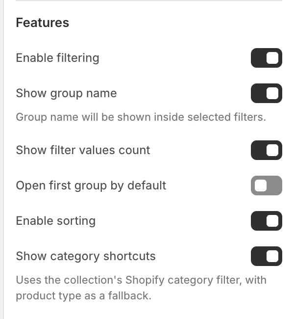 Collection Features settings in the Theme Editor: Enable filtering, Show group name, Show filter values count, Open first group by default, Enable sorting, Show category shortcuts.