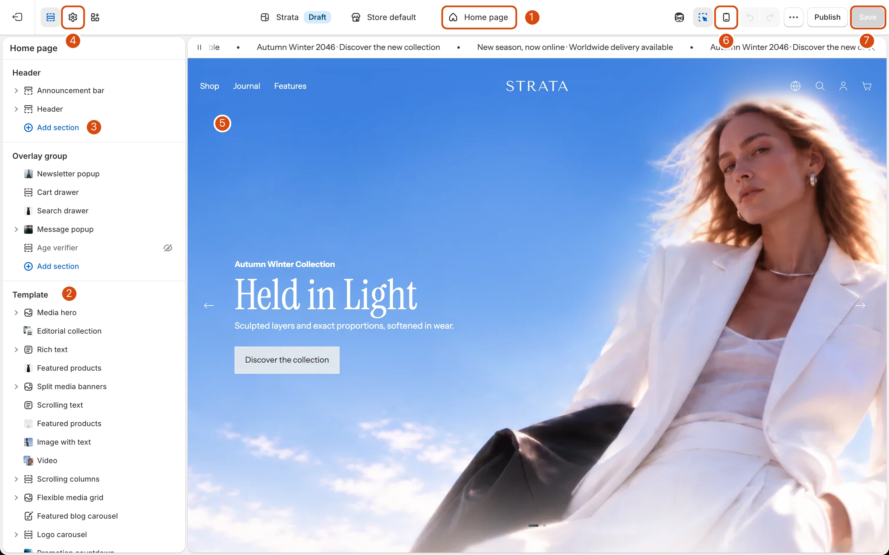 The Theme Editor showing the Home page, with numbered markers on the page selector, section list, Add section, Theme settings, preview, mobile preview, and Save.