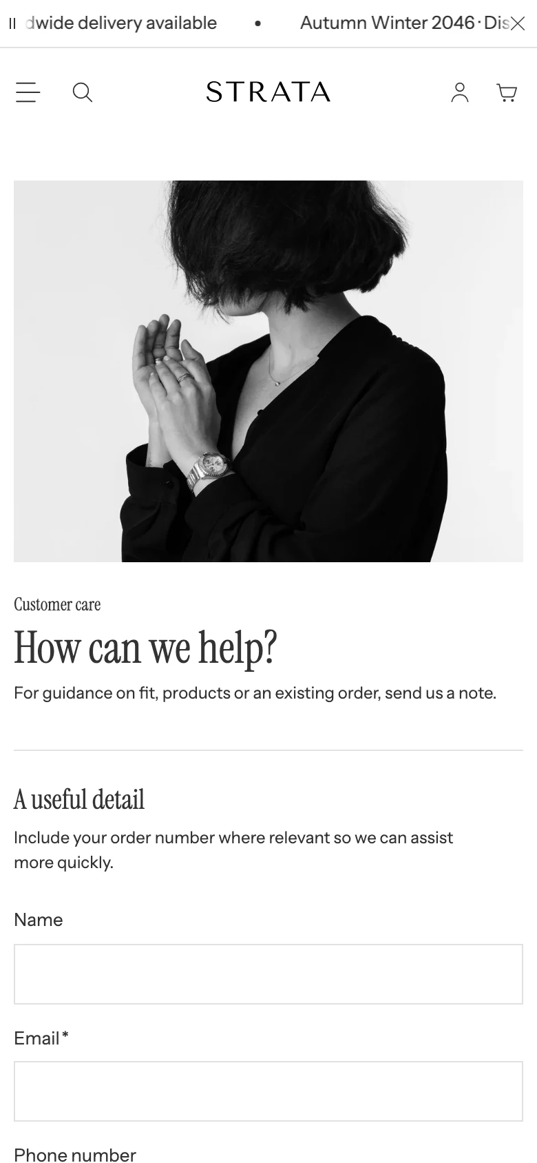 The Contact page on mobile with the image above the form.