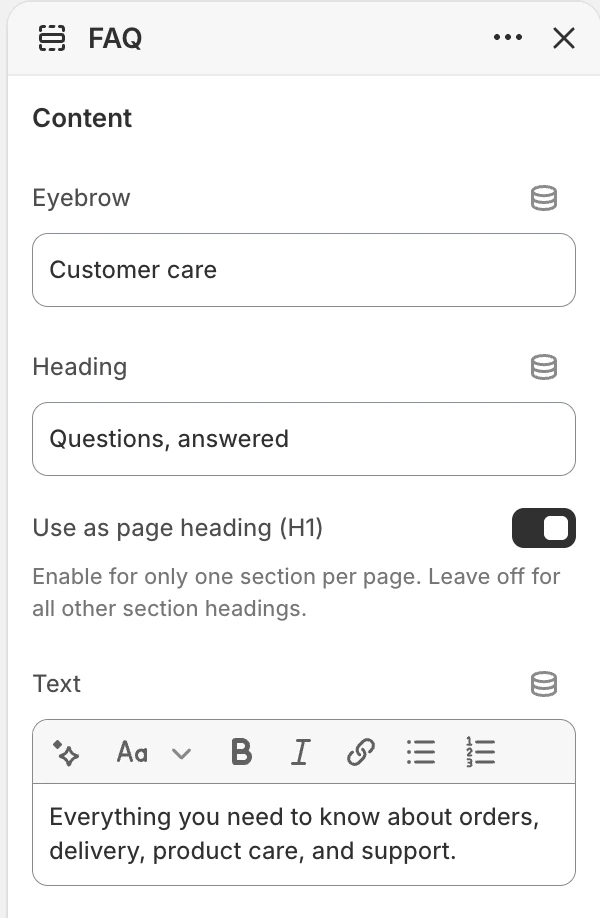 FAQ Content settings in the Theme Editor: Eyebrow, Heading, Use as page heading (H1), Text.