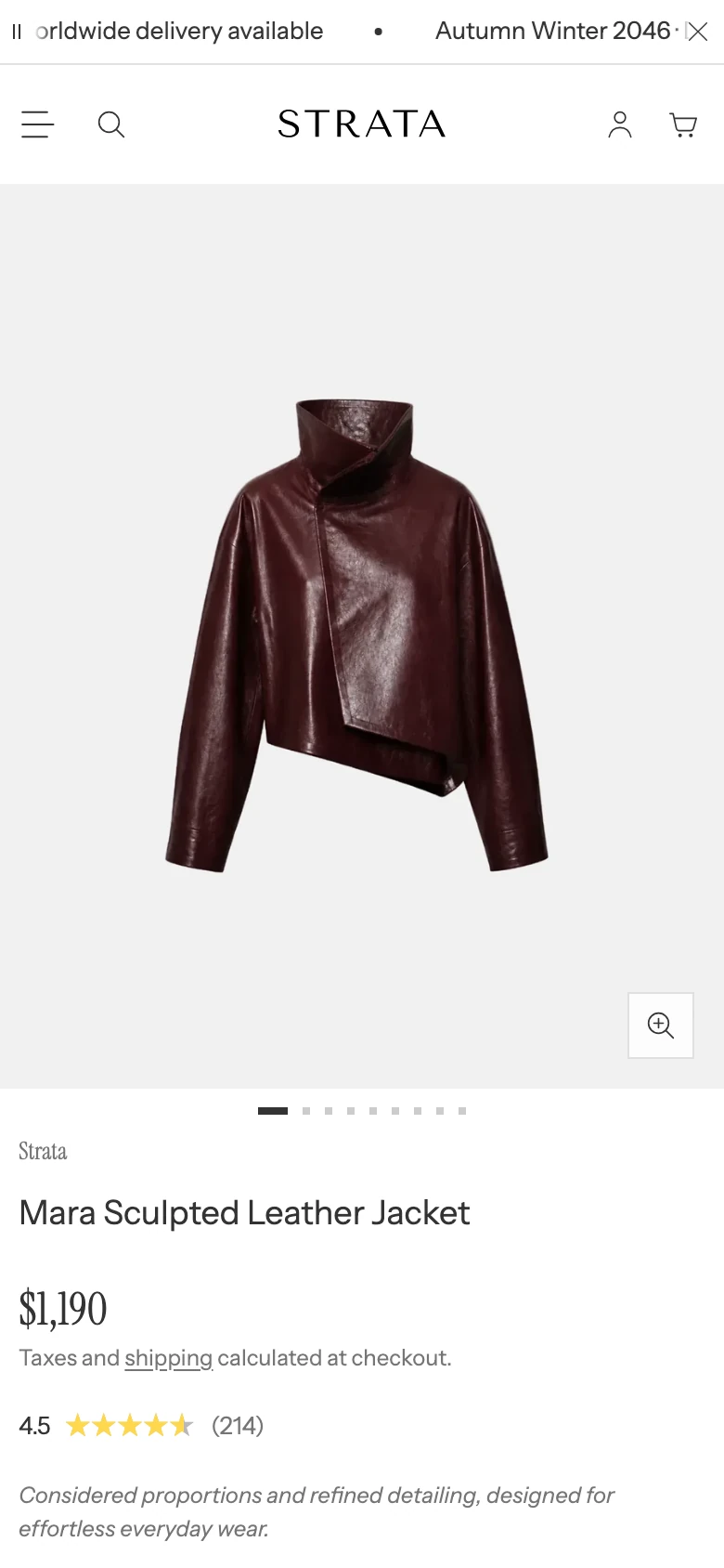A product page on mobile with the image carousel above the product name, price, options, and buttons.