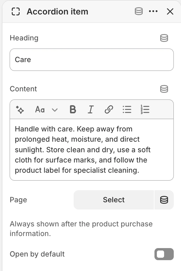 Accordion item block settings in the Theme Editor: Heading, Content, Page, Open by default.