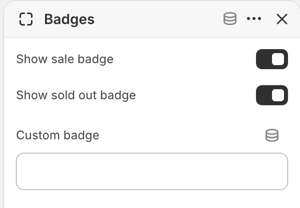 Badges block settings in the Theme Editor: Show sale badge, Show sold out badge, Custom badge.