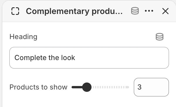 Complementary products block settings in the Theme Editor: Heading, Products to show.