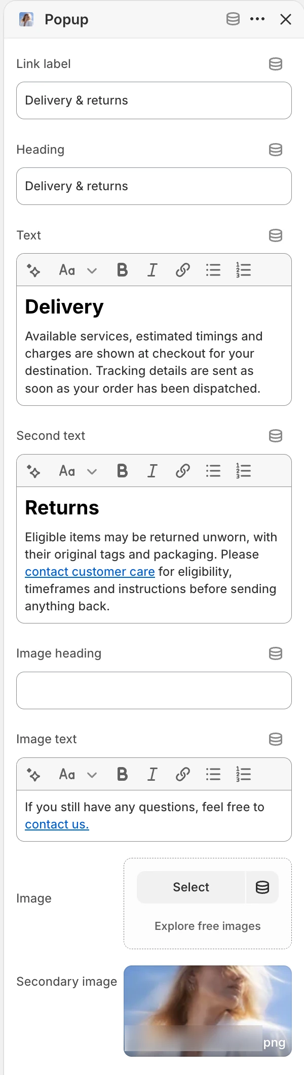 Popup block settings in the Theme Editor: Link label, Heading, Text, Second text, Image heading, Image text, Image, Secondary image.