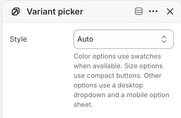 Variant picker block settings in the Theme Editor: Style.