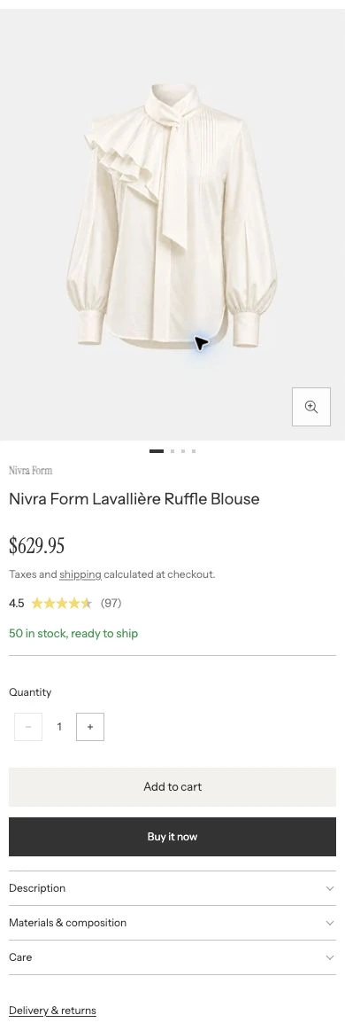 Mobile product page with Floating dots below the image and purchase information underneath.
