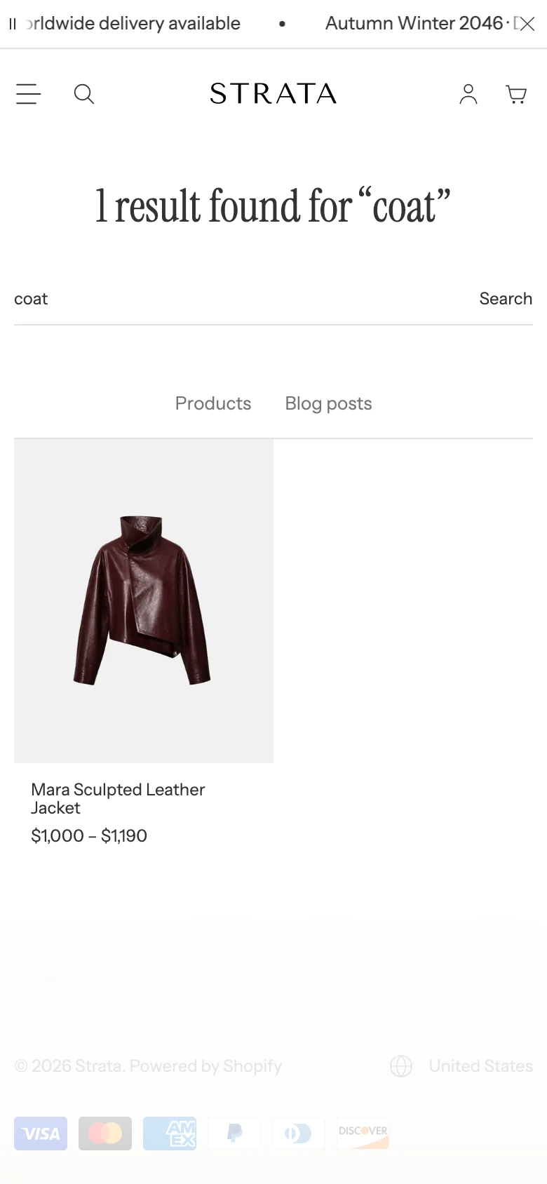 Search results on mobile with the heading, search field, tabs, and product cards.