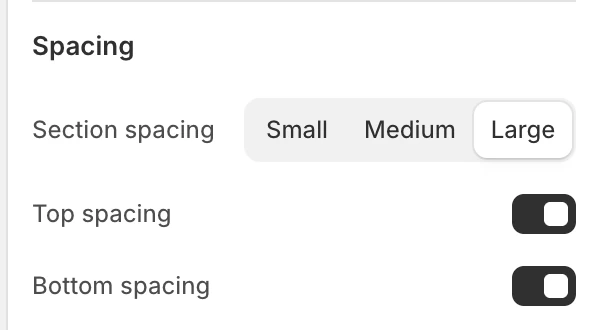 404 Spacing settings in the Theme Editor: Section spacing, Top spacing, Bottom spacing.