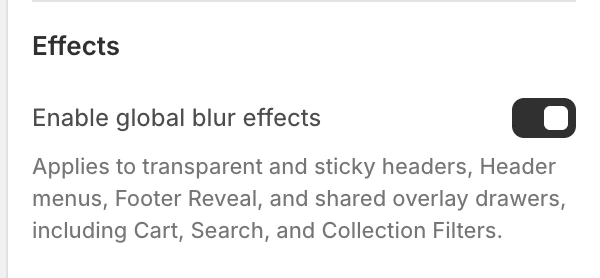Appearance and spacing Effects settings in the Theme Editor: Enable global blur effects.